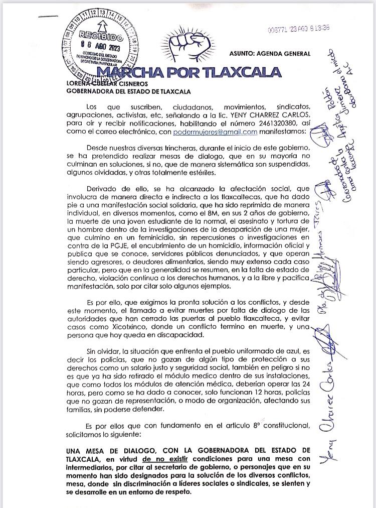 Entregan manifestantes pliego petitorio al gobierno de Tlaxcala